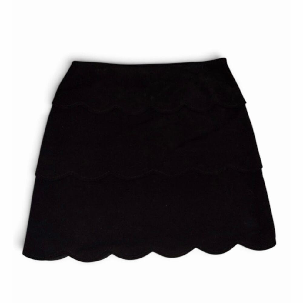 SANDRO PARIS Black Tiered Mini Skirt with Laser-Cut Scalloped Medium